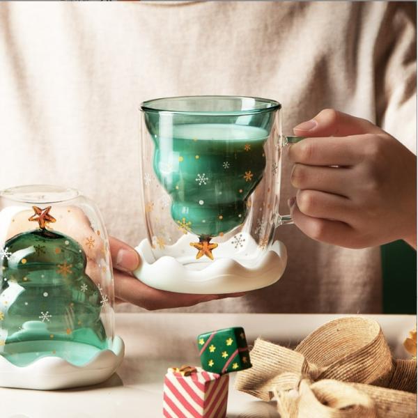 Custom Xmas Gift 200ml Double Walled Glass Coffee Cup with Christmas Tree Design
