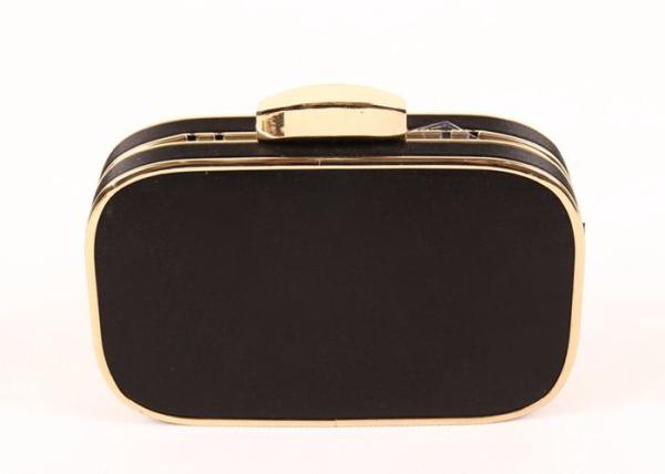 Elegant Black Satin Clutch Bag Metal Frame With Removable Metal Chain