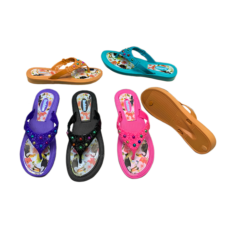 EVA Women Tropical Pattern Bead Decor Flip Flops Anti-slip Summer Beach Sandals