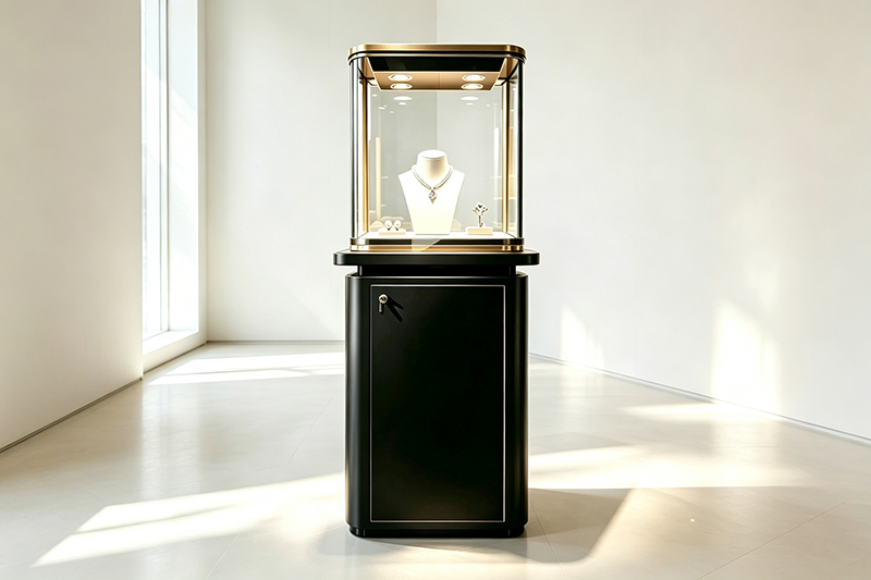 Rounded-Corner Gold Trim Jewelry Pedestal Showcase with Lockable Storage Cabinet and LED Spotlights