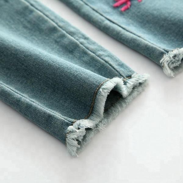 Stretch Girls Denim Clothes Jean Trousers With Custom Color Printed Embroidered Patch