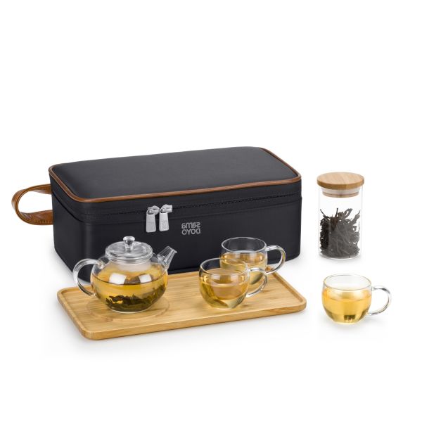180ml Travel Tea Set Glass Three Tea Cups One Tea Jar Glass Teapot Set with Travel Bag with Tray