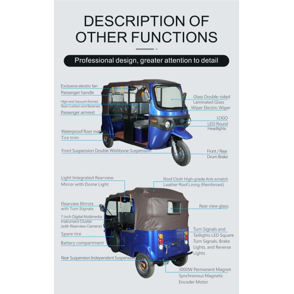 3000W Electric Passenger Tricycle Tuk Tuk Fast Charging 2 Seater E Rickshaw OEM