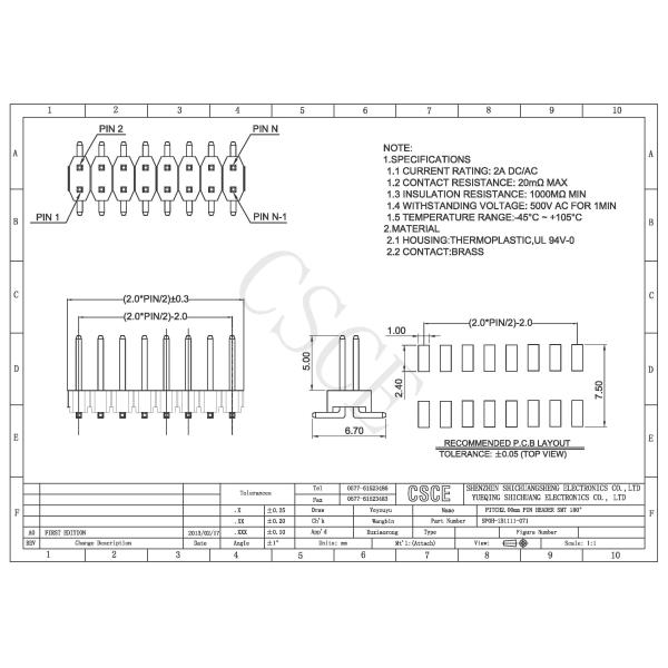 180 Degree SMT Board To Board Connector Pitch 2.00mm Pin Header Brass Material Contact