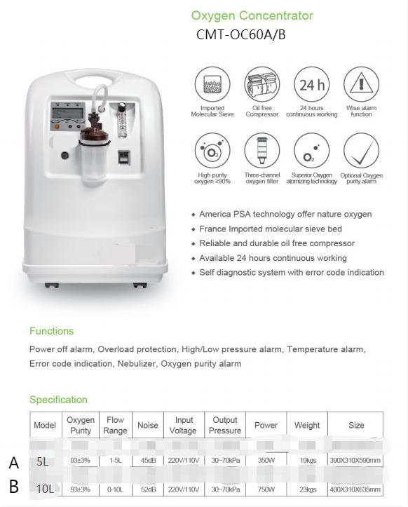 10l Oxygen Concentrator Dual Output 96% Purity Oxygen Concentrator With Nebulizer 390*310*590mm