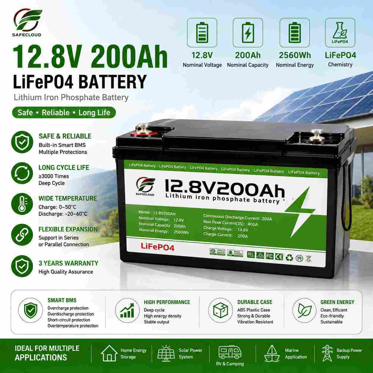 12.8V 100Ah LiFePO4 Battery Pack Lead Acid Replacement Smart BMS - Tianon