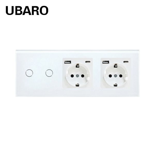 UBARO Smart 2-Gang Touch Light Switch with Schuko Power Outlet and USB-A & USB-C Charging Ports in Tempered Glass Wall Plate