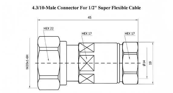 Male 4.3-10 RF Connector Clamp Type Cable Coax Connector 50 Ohm For 1/2 Super-flexible Cables
