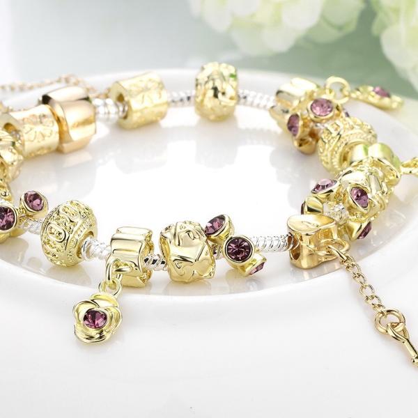 SJ Bonzer Rose Flower Key Charm Bracelet Magnet Buckle Cubic Zirconia Dubai Jewelry Handmade Gold Bead Bracelet