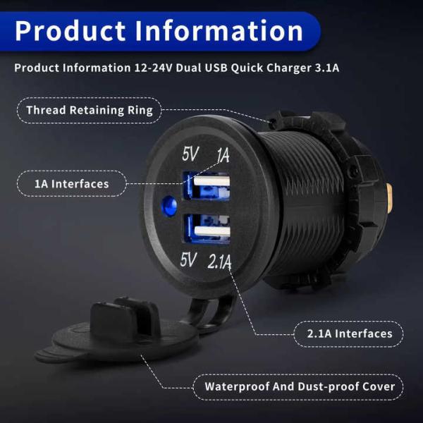 Waterproof 12V 24V Vehicle USB Charger Socket with Dual Power Outlets