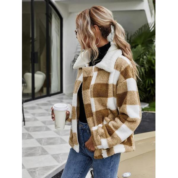                  Fashion Fleece Zipper Womens Coats Plaid Flannel Jacket Luxury Coat Casual Winter Stylish             