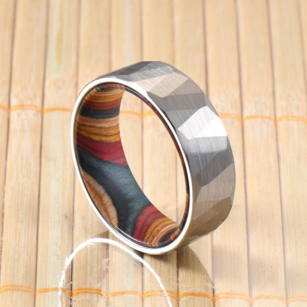 Sample Making Service 8mm Wedding Rings Box Elder Wood Colourful Hammered Black Faceted Tungsten Carbide Ring