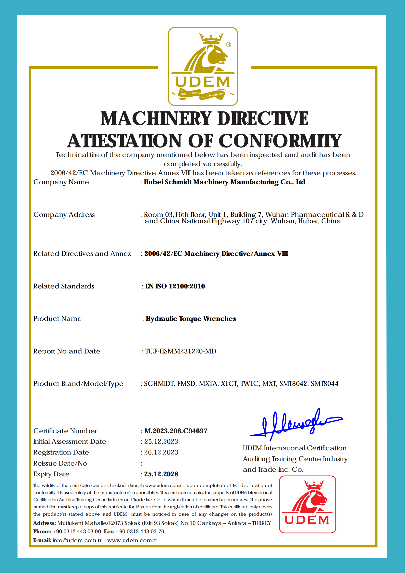 Hubei Schmidt Machinery Manufacturing Co., Ltd. Certifications