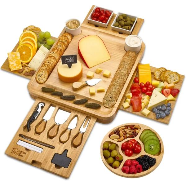 Round Bamboo Cheese Board and Charcuterie Board with Knife Set Pizza Tools Stocked
