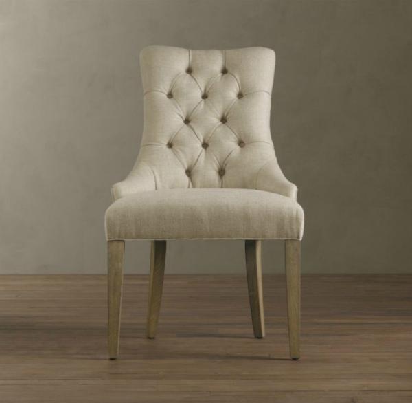Event button tufted reclining back solid wooden dining chiar with linen upholstered rental restaurant furniture