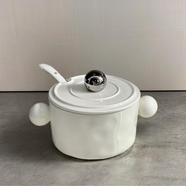Stainless Steel Lid and Printed Features White Ceramic Noodle Bowl for Kitchen Storage