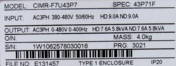 YASKAWA​ CIMR-F7U43P71F DRIVE 380-480VAC 5HP 7.6AMP 3PHASE Industrial Servo Drives