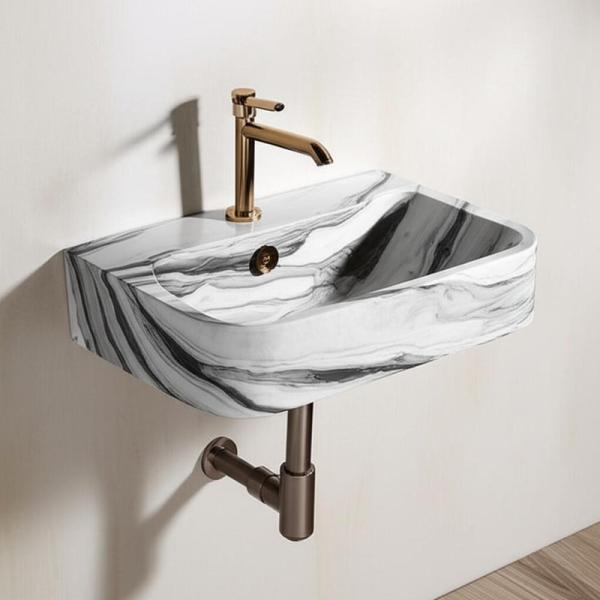 Handmade Ceramic Marble Wall Mounted Basin Modern Design Wall Hung Hand Wash Sink for Hotel Bathroom Use