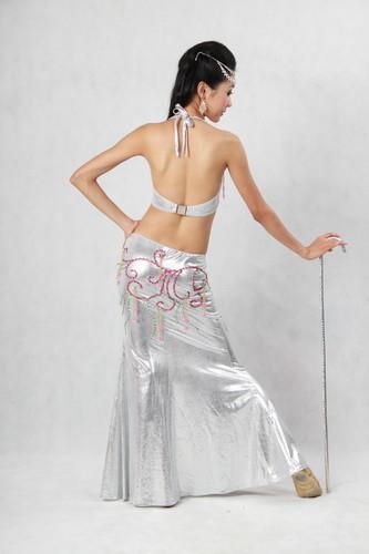 Silver Belly Dance Wear 2 Pcs Metallic Halter Bikini Top Floor Length Side Slit Skirt