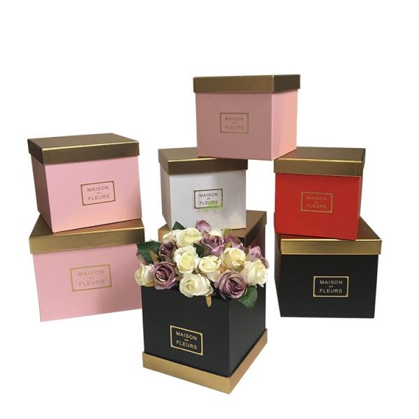 Cardboard Hamper Floral Square Flower Box Rigid Gold Foil Stamping For Rose Packaging