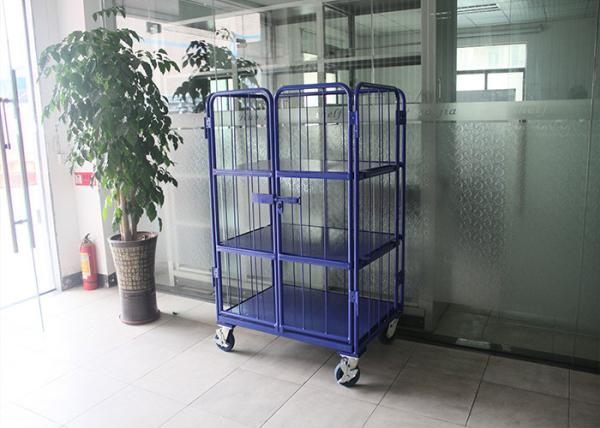 3 Tiers Steel Foldable Wire Mesh Cage , Mobile Storage Cages For Logistics