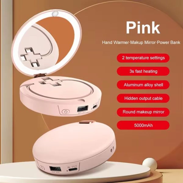 3 In 1 Mirror Power Bank 5000mAh Detachable Cable Portable Wired Hand Warmer Function Fast Charger