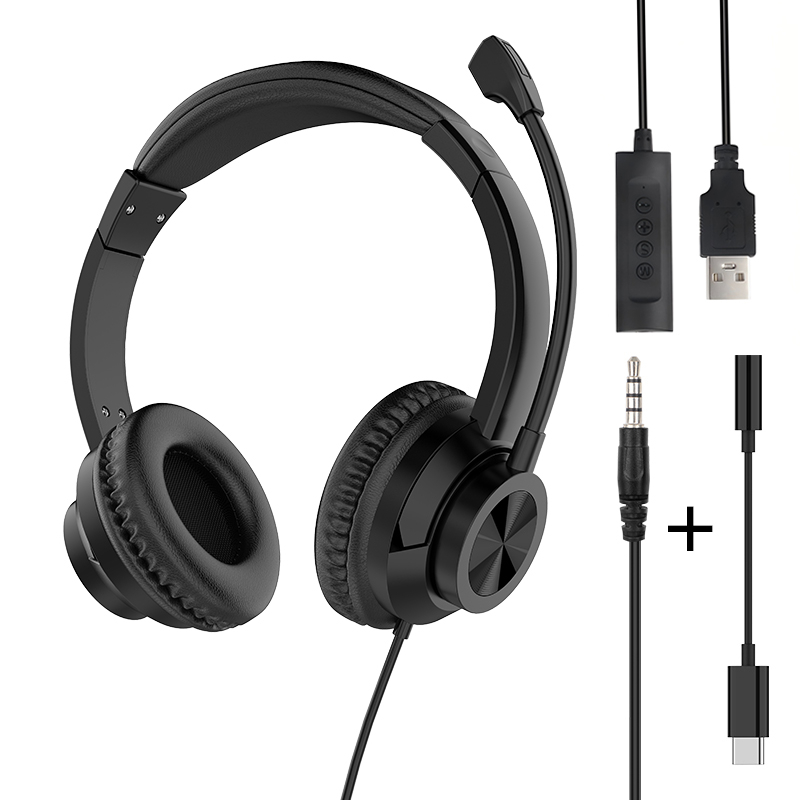 JTY-1036 Wired Call Center Headset with Adjustable Microphone, USB Type‑C 3.5mm Multi‑Interface Over‑Ear Headphone, Volume & Mute Control for Office Customer Service Online Class