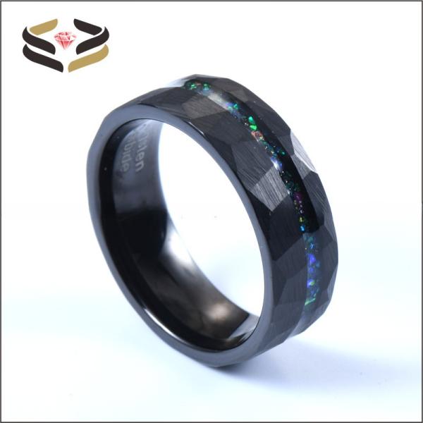 Men Faceted Black Tungsten Wedding Rings 8mm with Pearl Type Inlay Galaxy Opal Inlay