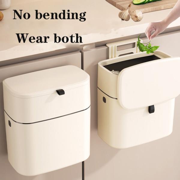 Kitchen Hanging Trash Can Household Cream White Traceless Adhesive Cabinet Trash Basket With Lid Household Wall Hanging