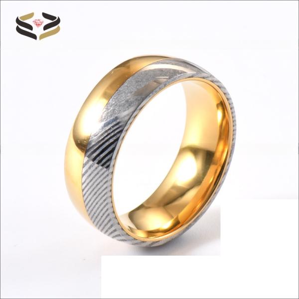 Anillo de boda de acero de Damasco para hombre, oro y plata, dos tonos, 8 mm, pulido con forro de tungsteno