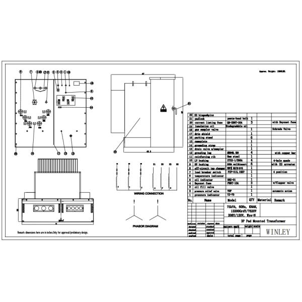 75 Kva, trois phases de transformateur électrique monté sur un tampon, huile immergée de 13,2 KV à 208 V