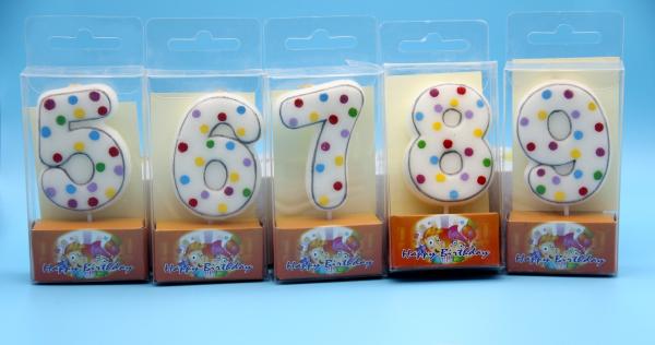！0-9 Number Birthday Candles ！White Number Shape Candles with Gray Edge and  Random colors Little Dots