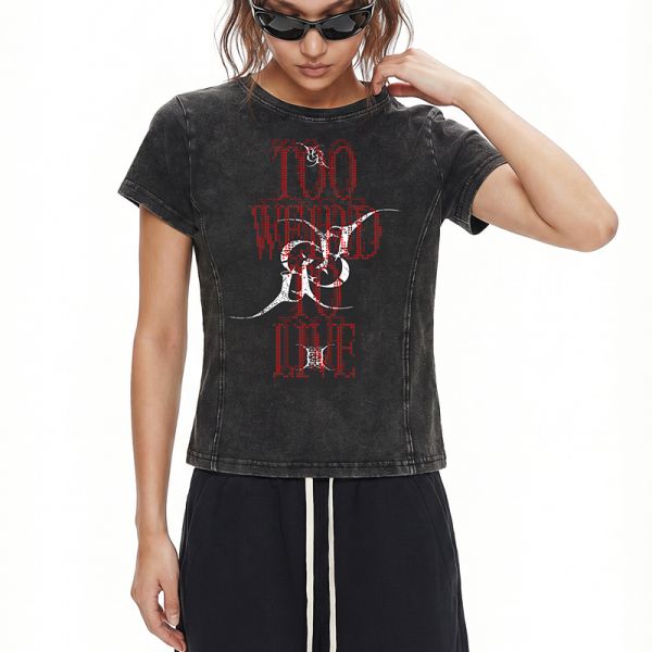 Custom Vintage Acid Wash Regular Women T-shirt Gothic Red Rhinestone Letter Print Side Seam Short Sleeve Summer Y2K Streetwear
