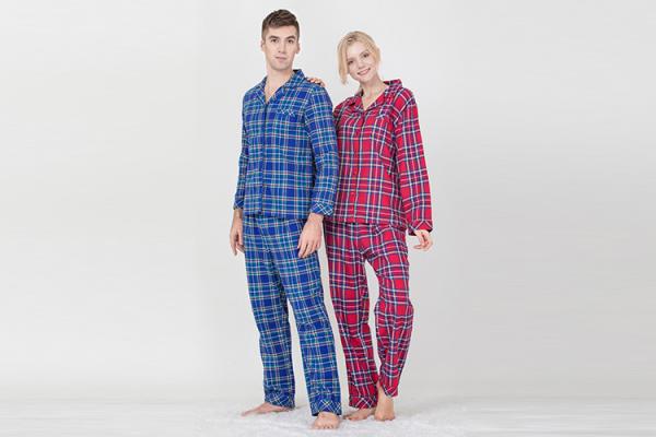 Lovers Pyjamas Cotton Yarn Dyed Check Flannel Long Sleeve Long Pants Satin Piping Pocket Satin Fabric Covered Buttons