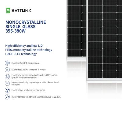 Alto Eficiência Mono cristalino único Vidro 355-380W Painéis Solares PV Low LID PERC Anti-PID