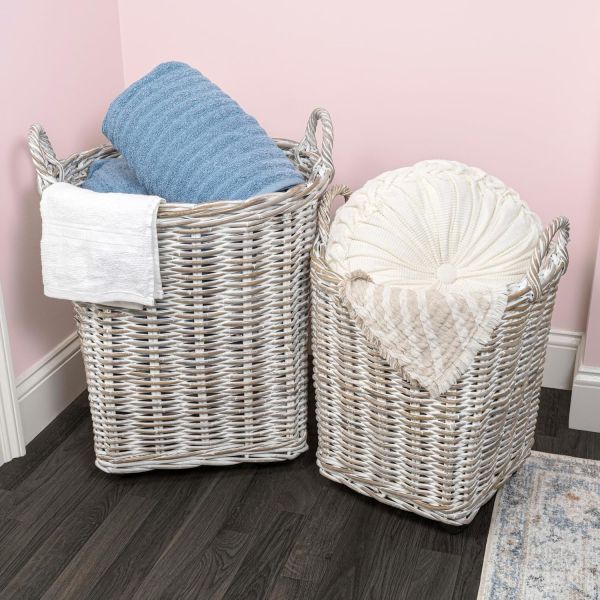 Hand-Woven Rattan Nesting Wicker Storage Baskets W/ Wheels And Handles, Seagrass Container For Decoration In Bedroom, Laundry Room,White Wash/Kubu Gray