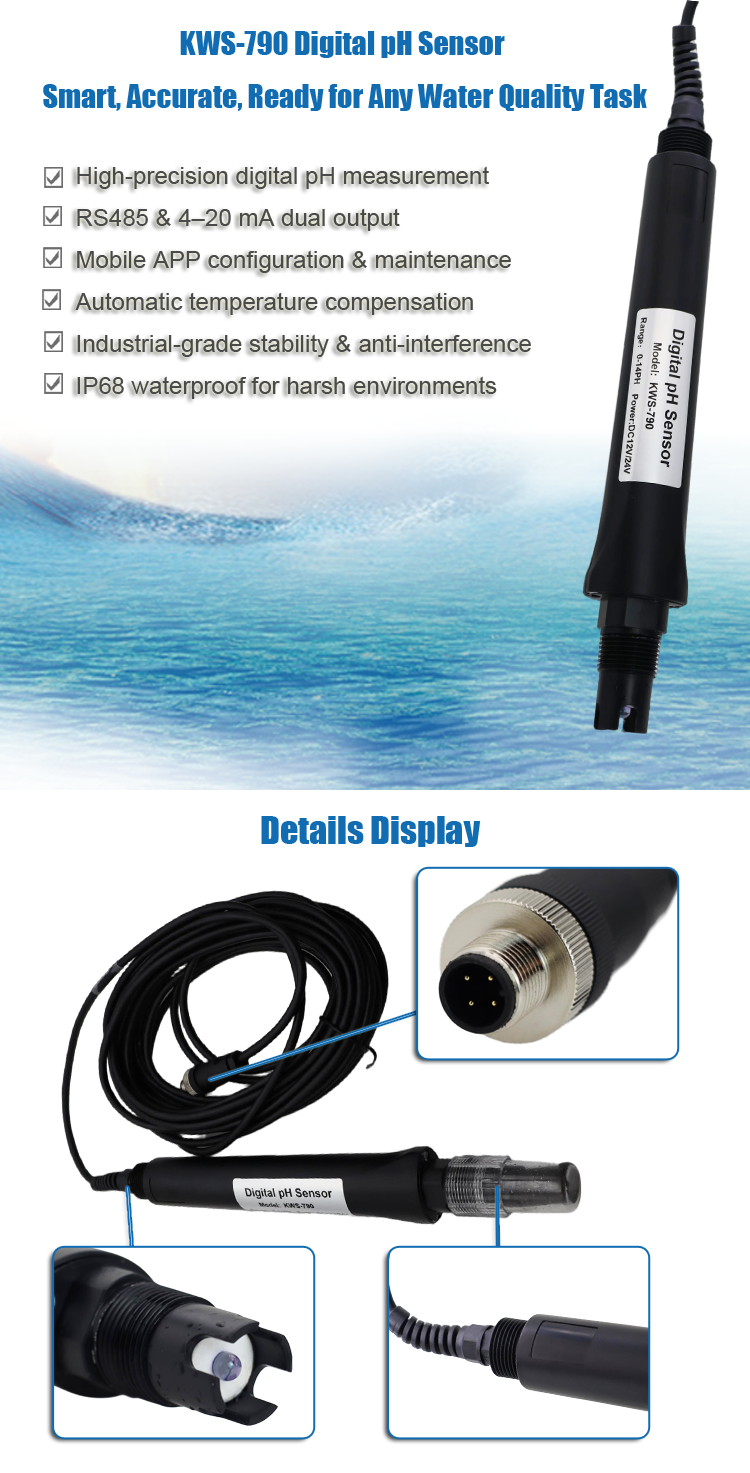 KWS-790 Digital pH Sensor with 0.00–14.00 pH Measuring Range ±0.02 pH Accuracy and 0–99.9 ℃ Temperature Compensation
