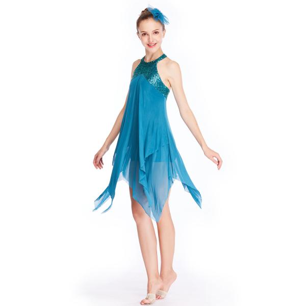 Sequins Halter Neck Lyrical Dance Wear Dress Two Layers Dance Costumes Back Straps Crossing Competition Wear