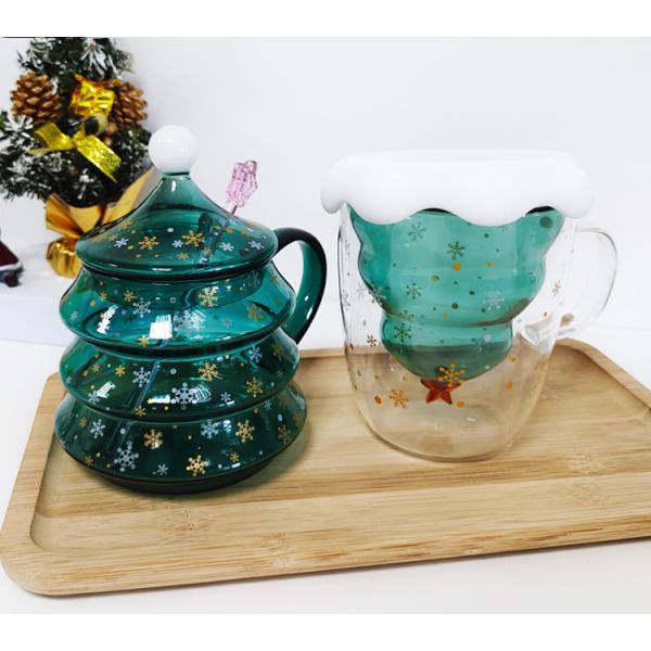Custom Xmas Gift 200ml Double Walled Glass Coffee Cup with Christmas Tree Design