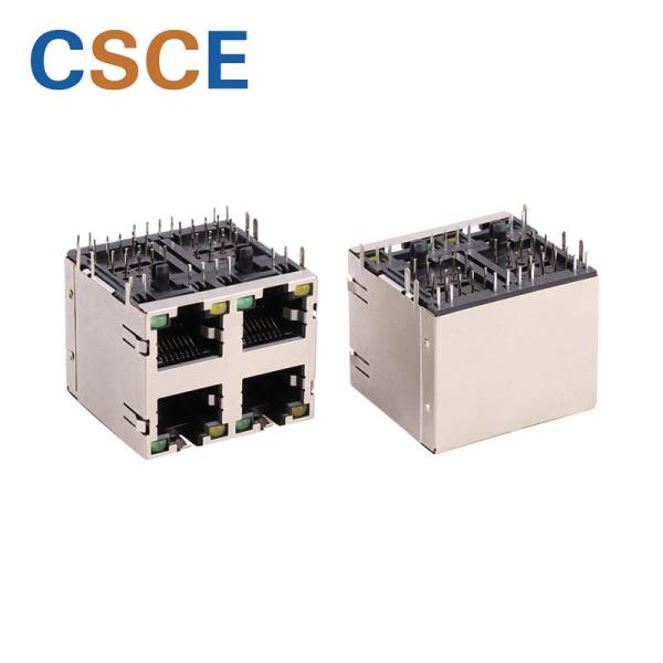 PBT Material 2 X 2 RJ45 8P8C Jack 4 Port Shielded RJ45 Modular Jack With EMI / Leds