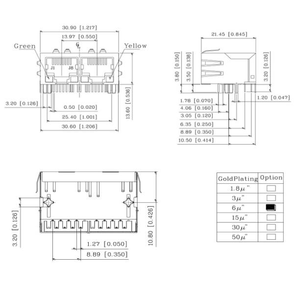 Latch Down / Tab Down Magnetic RJ45 Connector Gigabit Ethernet Jack Gold Plating