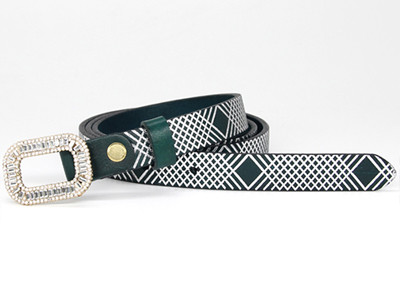 1.8cm Ladies Skinny Full Leather Belt Glass Stone Buckle