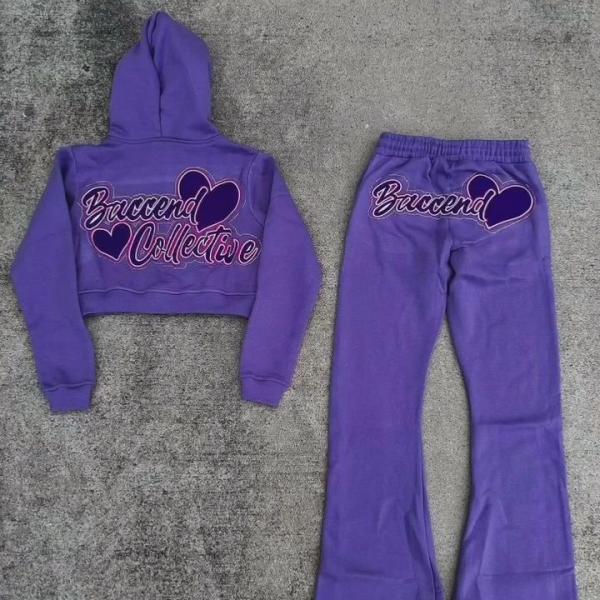 Fabricant personnalisé Jogger 100% coton 3D brodée Strass Fermeture à glissière jusqu'à coupé Hoodie Jogging Sweatsuits femmes automne ensemble