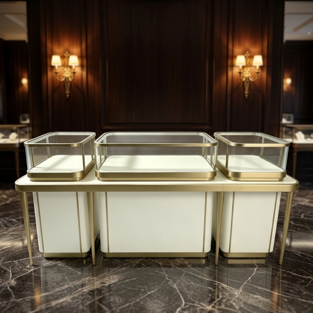 Modern Luxury Jewelry Display Case with Ultra-Clear Tempered Glass and Integrated LED Lighting for Lockable Island Display Cabinet