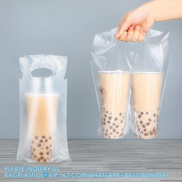 Drinking Handle Bags Cup Carrier With Handle Clear Plastic Packaging Bags For Delivery Hanging Hole Drink Bags