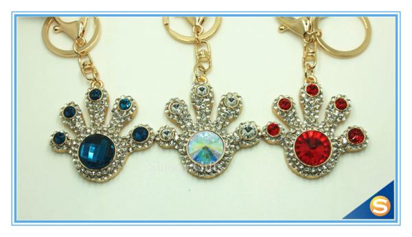 Rhinestone palmation Hand Shape Pendant key chain Custom Jewelry metal Key Chain