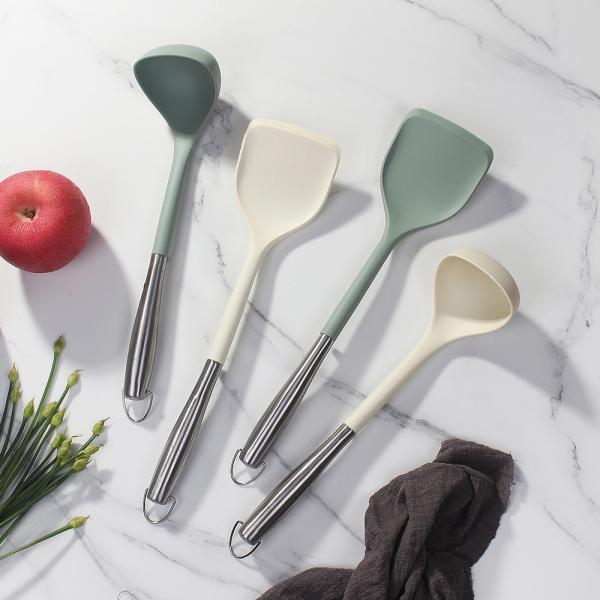 Силиконовая кухонная посуда из нержавеющей стали Кухонная посуда набор из 2-х штук Гибкая силиконовая головка Кухонная посуда со шпатулой, ложкой