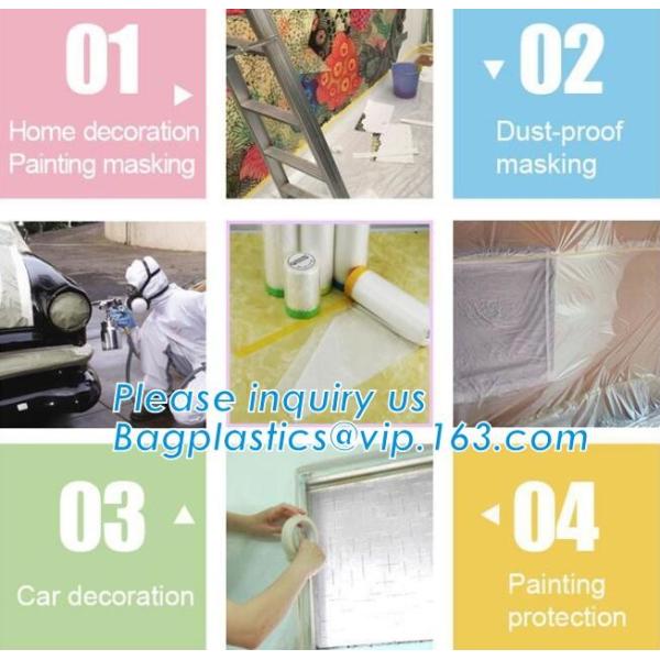 Disposable PE pre-taped self static cling masking film, Cover mask plastic drop film PE protection film with tape, BAGEA