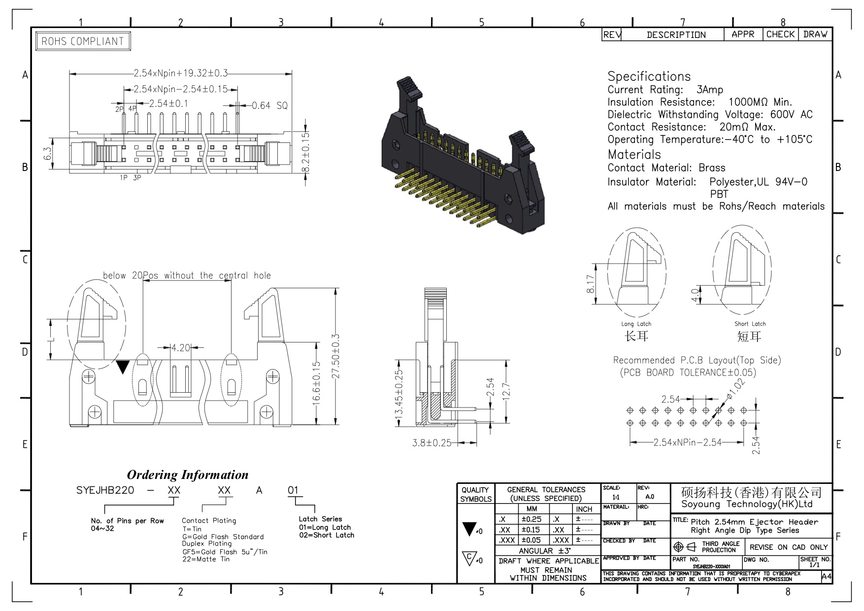 Соединитель 2.54mm Nylon9T 10-68Pin 3AMP 500V гнезда заголовка выталкивателя