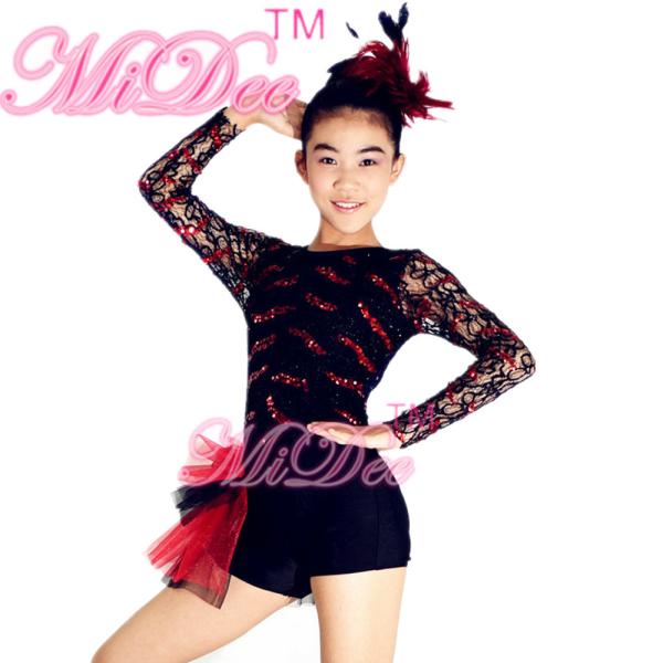 Adult Jazz Costumes Sequined Lace Long Sleeve Leotard Shorts With Side Suttles